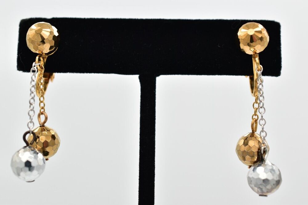 Vintage Crystal Clip On Earrings Bronze Silver Disco Ball Chain Drop 1950s A23